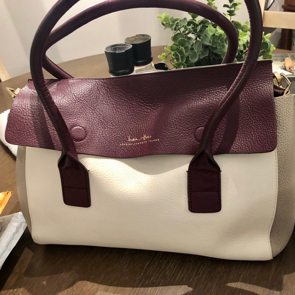 India Hicks Two-Tone Leather Shoulder Bag in Plum and Cream